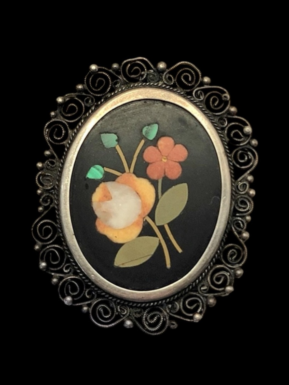 Antique 1920’s Pietra Dura Inlaid Flower Brooch